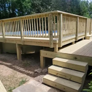 Raised Wooden Pool Deck with Railing and Stairs Raleigh
